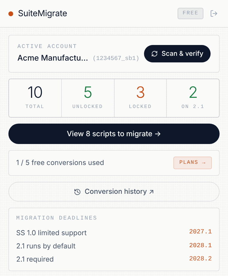 SuiteMigrate extension popup showing a scanned NetSuite account with 10 scripts: 5 unlocked, 3 locked, 2 already on 2.1 (sample data)